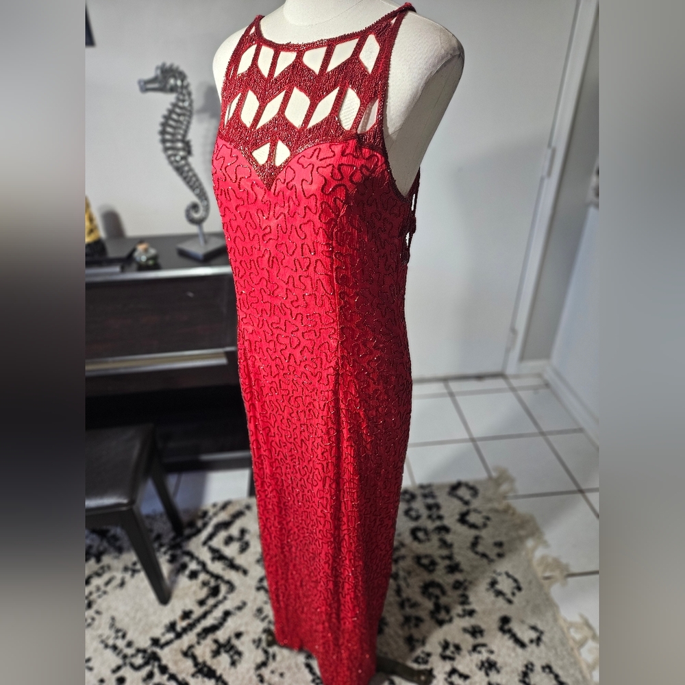 Mark & John by Gopal VINTAGE Red Silk Beaded Embellished Long Dress Gown Large